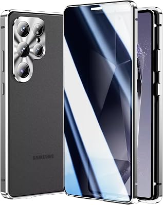 for Galaxy S25 Ultra 6.9 inch case ，Anti-Peeping  Security Lock Magnetic adsorption Double-Sided Protection case Translucent PC Back Cover Metal Bumper Lens Protector，Silver
