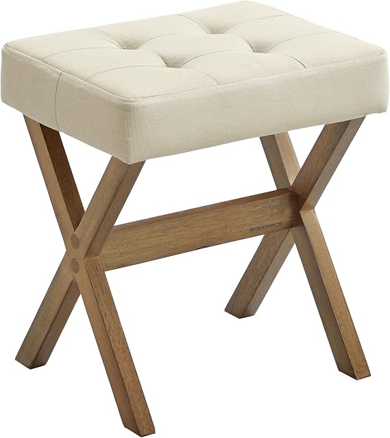 SONGMICS Makeup Stool, Padded Vanity Foot Rest, Solid Wood X Legs