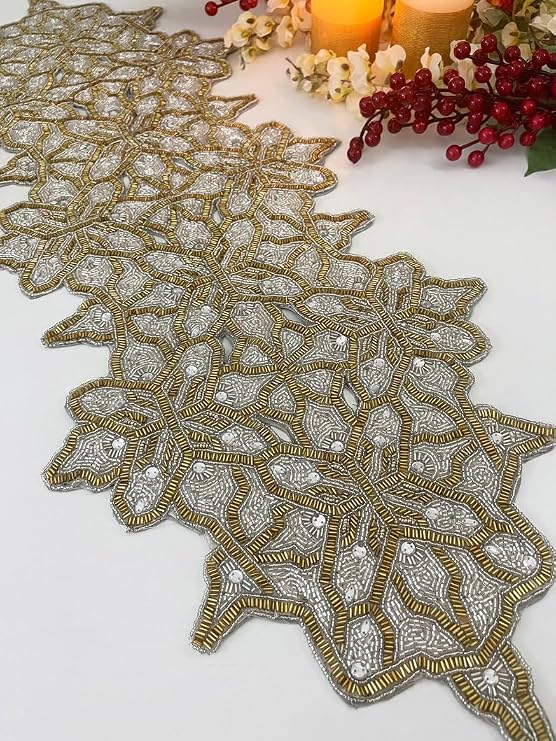 Enliven Handmade Table Runner, Beaded Table Runner, Gold and Clear Silver Bead Runner, 12.5x34.5inch