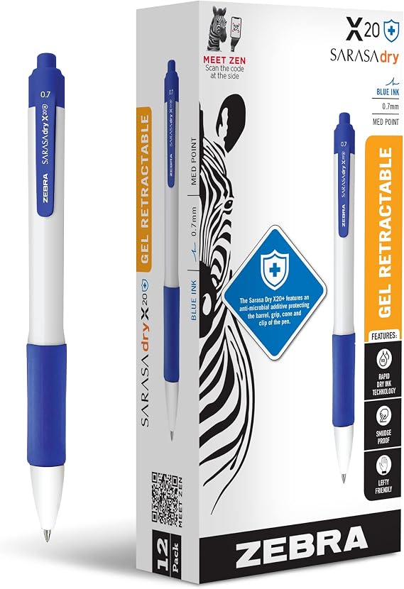 Zebra Pen SARASA X20+ Retractable Gel Pen, Blue Ink, 0.7mm, 12-Pack | Fast-Drying Ink, Smear-Resistant, Protective Coated Comfort Barrel, Ideal for Left-Handed Writers, Medium Point Tip (41620)
