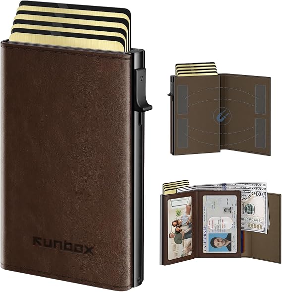 RUNBOX Mens Wallet Card Holder: Pop-Up Aluminum Case, RFID Blocking, Compact Minimalist Front Pocket, Leather Finish, 10-15 Card Capacity, Dual ID Windows, Hidden Slots, Gift for Him