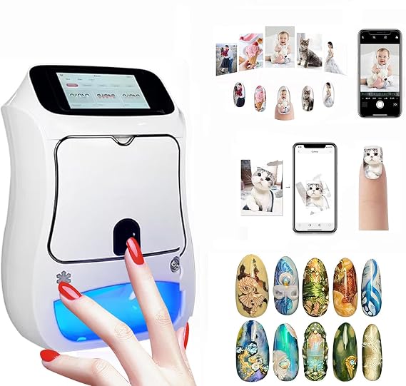 Nail Printer Machine – Electric Mini Nail Art Printer with AI Nail Shape Detection, 5" HD Touchscreen Control, Integrated LED Curing, 4800 DPI High-Resolution Prints, DIY Nail Art for Professionals