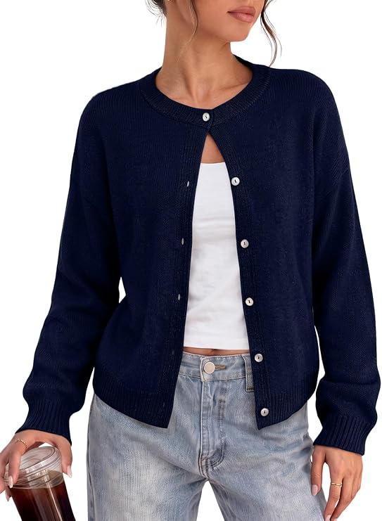 LILLUSORY Womens Crew Neck Button Down Cardigan Sweater