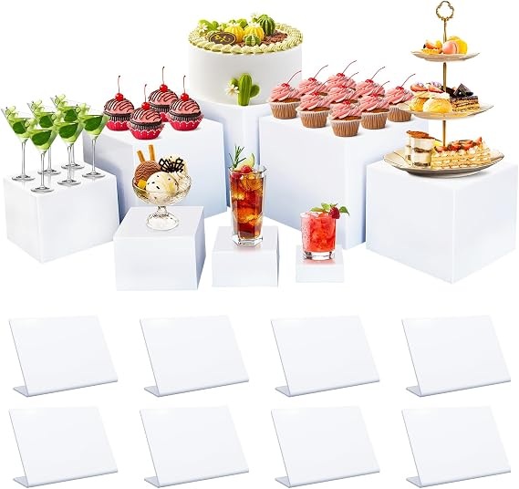 8Pcs White Acrylic Buffet Risers with 8 Mini Signs, Nesting Food Display Stands for Buffet Table with Hollow Bottoms for Parties, Weddings, Desserts, and Collectibles (10"-9"-8"-7"-6"-5"-4"-3")