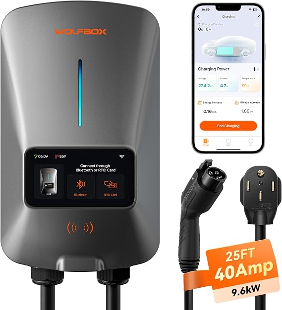 WOLFBOX Level 2 EV Charger 40amp - NEMA 14-50 EVSE with J1772 Connector - CSA Certified Wall Home EV Charger - 25FT Cable,Outdoor/Indoor,RFID Card,WiFi Enabled, 240V Electric Vehicle Charging Station