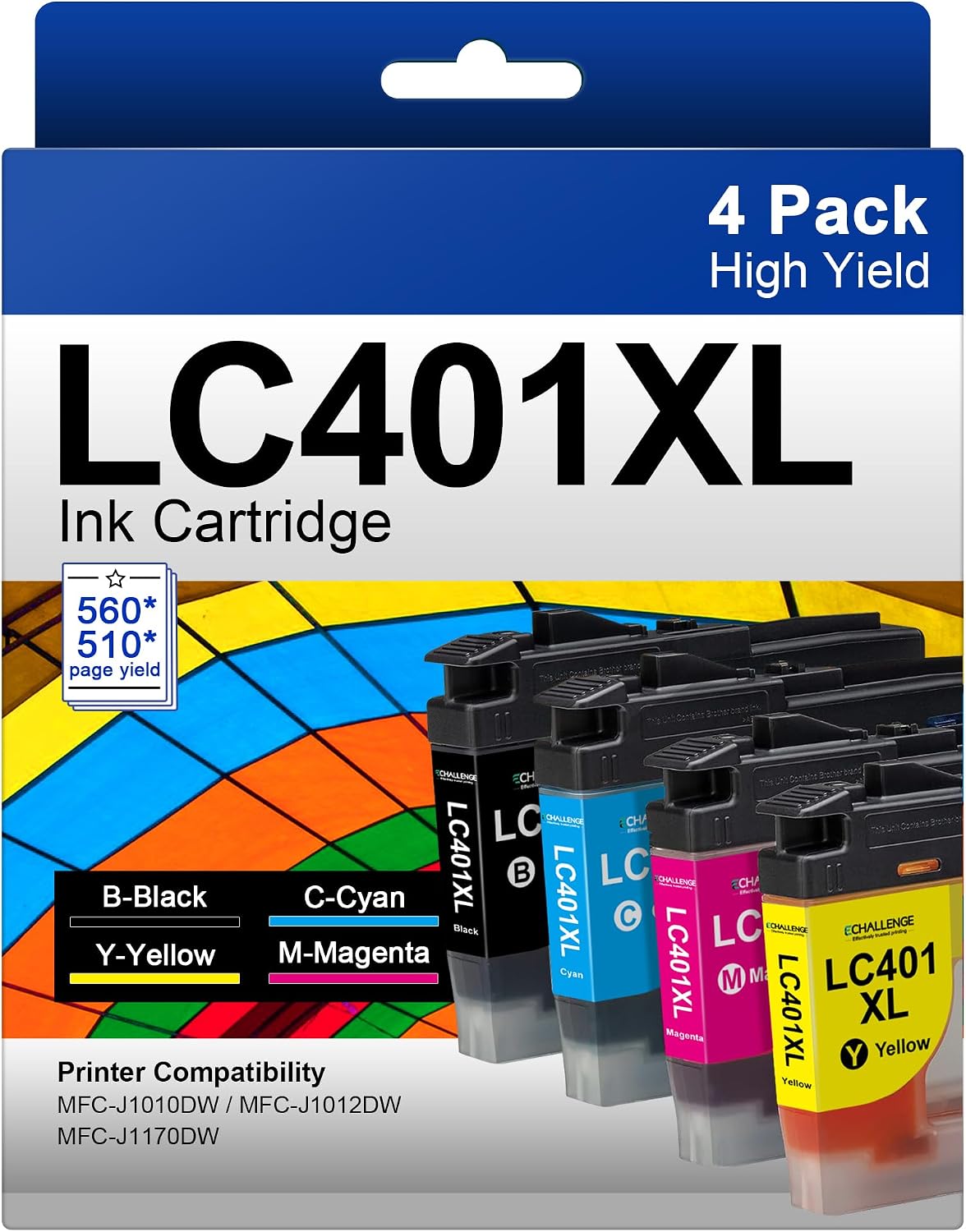 LC401 XL Ink Cartridges High Yield Compatible for Brother LC401 LC 401XL BK to Use with Brother MFC-J1010DW MFC-J1012DW MFC-J1170DW Printer Black Cyan Magenta Yellow, 4 Pack
