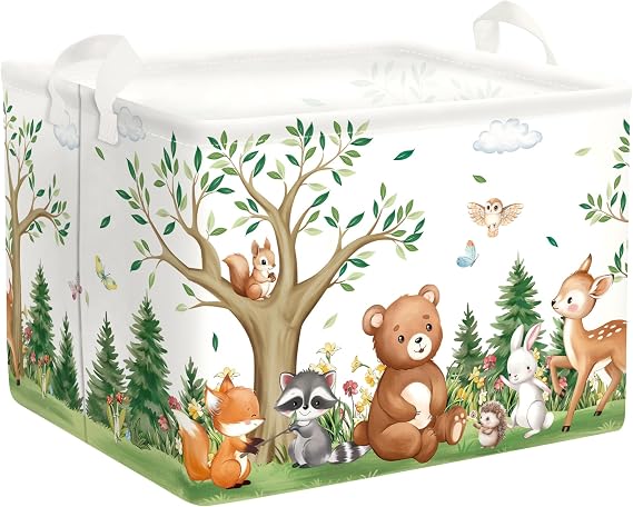Forest Animals Laundry Hamper Woodland Tree Large Storage Basket Parents Organizer Kids Clothes Toy Bins for Bedroom, Bathroom, Bear, 36L