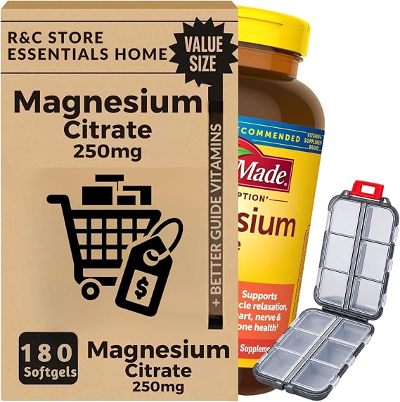 Nature Magnesium Citrate 250 mg (180 Softgels) | + Pill Organizer Case by R&C Store | Supports Muscle Relaxation, Nerve, Heart & Bone Health