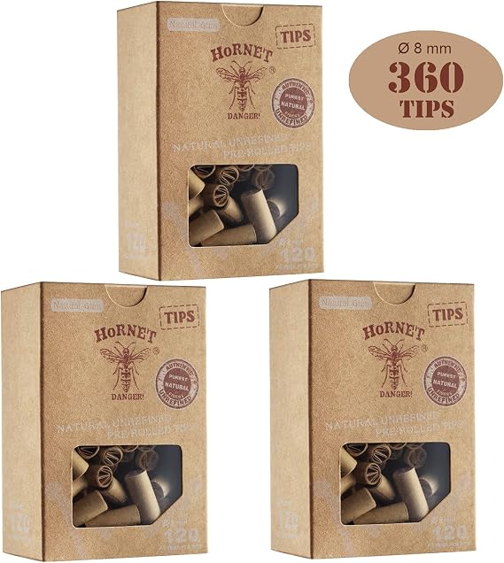 HORNET Unbleached Pre-Rolled Tips, 8mm Filter Tips, 360 Count