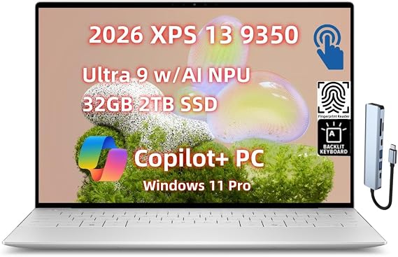 NewDell XPS 13 9350 Business Laptop, Copilot+ AI PC (13.4" 2.5K Touch 120Hz, Core Ultra 9 w/AI NPU, 32GB RAM, 2TB SSD), Backlit KB, Light & Thin, Wi-Fi7, 27Hr Battery Life, Win 11 Pro, USB-C Hub