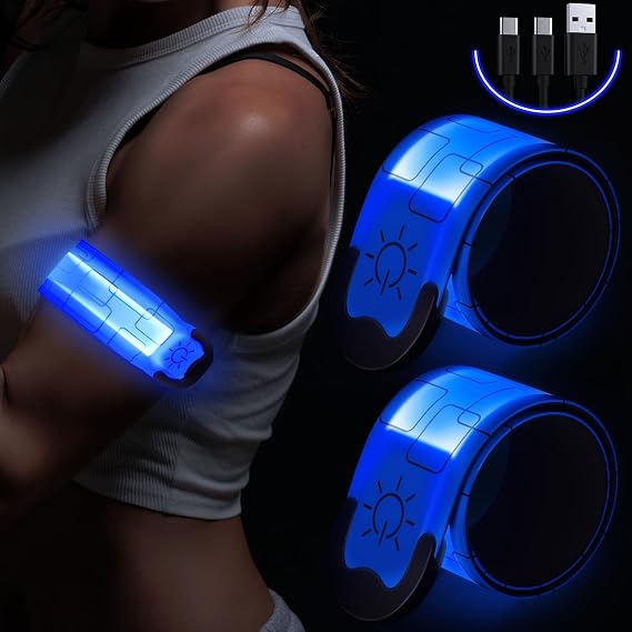 Simket LED Armband Rechargeable for Running(2 Pack), Running Lights for Runners, Running Lights, High Visibility Reflective Running Gear Adjustable Light Up Arm Bands for Men Women Kids