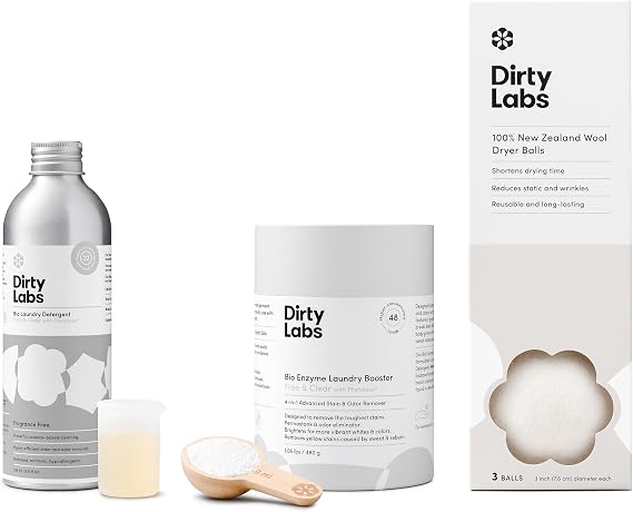 Dirty Labs | Gentle Starter Set | Free & Clear Detergent, Laundry Booster, Dryer Balls | Hyper-Concentrated | High Efficiency & Standard Machine Washing | Nontoxic, Biodegradable