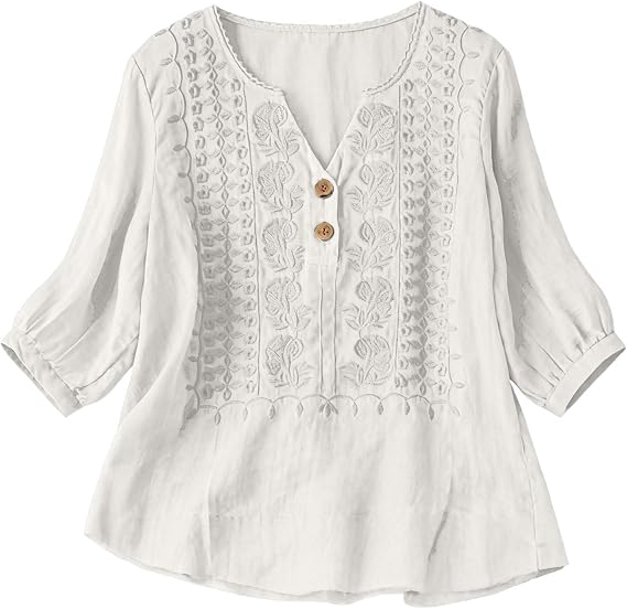 Embroidered Cotton Linen Tops for Women 3/4 Sleeve Summer Boho Peasant Gauze Blouses Dressy Casual Bohemian Shirts