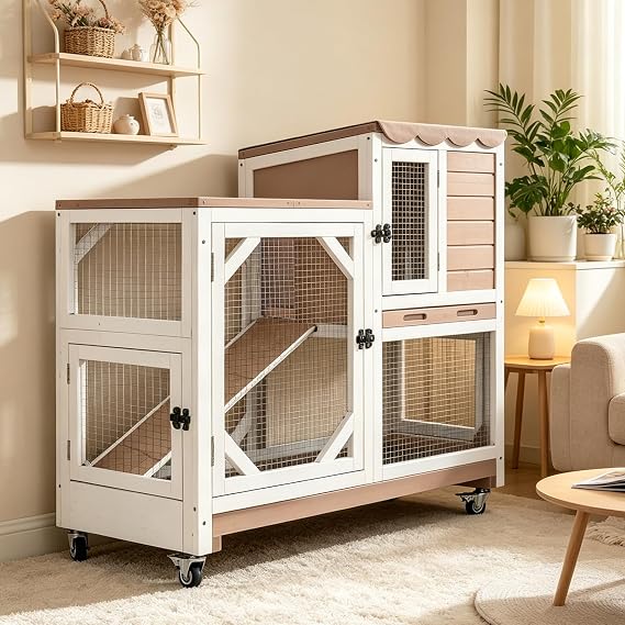 Aivituvin Rabbit Hutch Indoor Outdoor Bunny Hutch on Wheels, 2 Story Wood Guinea Pig Cages with 2 Deeper Pull Out Trays (Brown)