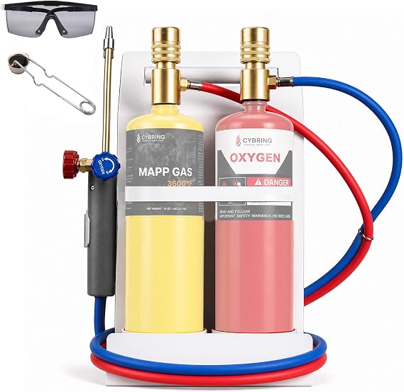 Oxygen MAPP Torch Kit With Pressure Meter With Tank Support, Glasses And Flint Spark Lighter(Gas Cylinders Not Included)
