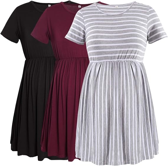 Womens Maternity Pleated Tops Modal Short Sleeve Flattering Pregnancy Shirts 3-Pack