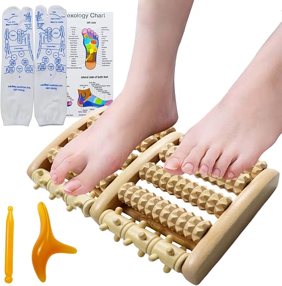 Foot Massager Tools Set with Wooden Foot Massager Roller, Acupressure Reflexology Foot Massage Socks and 2 Trigger Point Tool for Women and Men, Plantar Fasciitis Relief, Relaxation Gifts