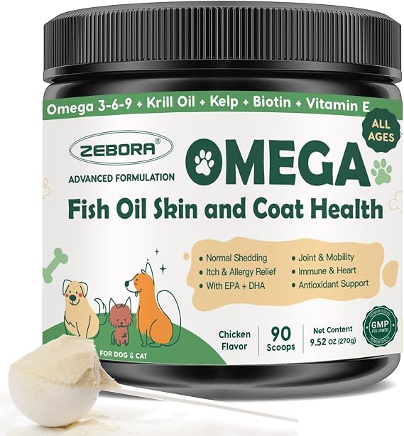 ZEBORA Wild Caught Omega 3 Fish Oil Powder for Dogs, Skin & Coat, 90 Scoops