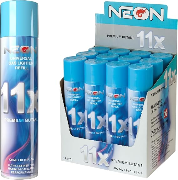 NEON Butane Refill, 11X Ultra-Refined Butane Fuel, 300ml Premium Lighter Fluid with Metal Nozzle for Refillable Jet Flame Lighters, Torches, and Culinary Use, 12 Cans