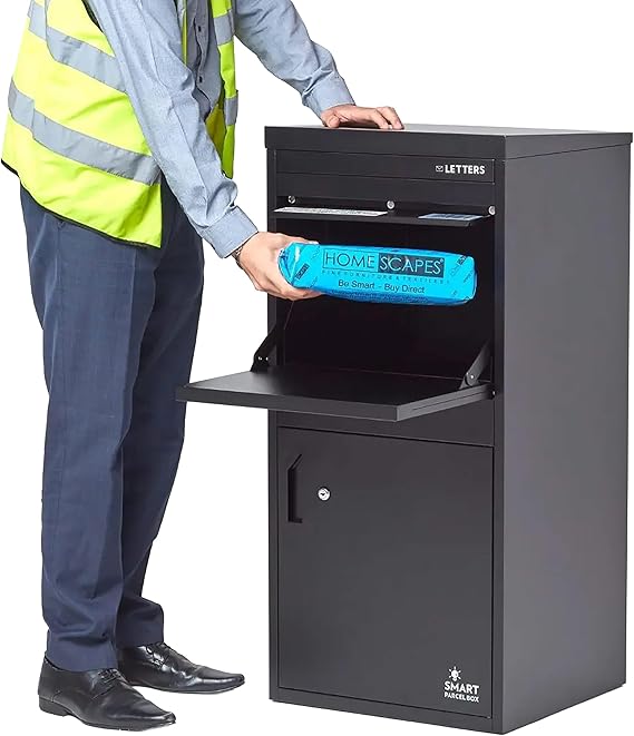 SMART PARCEL BOX Extra Large Parcel Box Outdoor, 2 Door Weatherproof Black Delivery Box With Secure Front & Rear Access, Durable Galvanised Steel, Lockable For Post, Multiple Letters & Package Drop