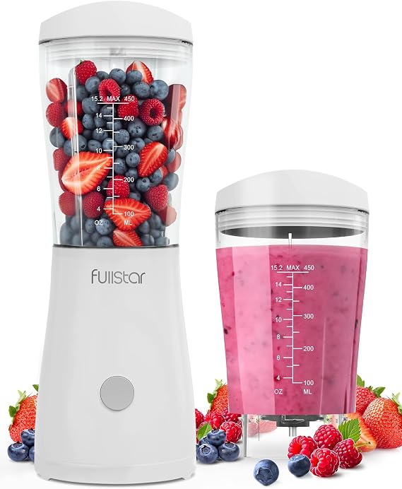 Fullstar Portable Blender for Smoothies and Shakes 15 oz Mini Personal Travel Blender with Sipper Lid, Compact Smoothie Maker for Office, Home, and Kitchen (White)