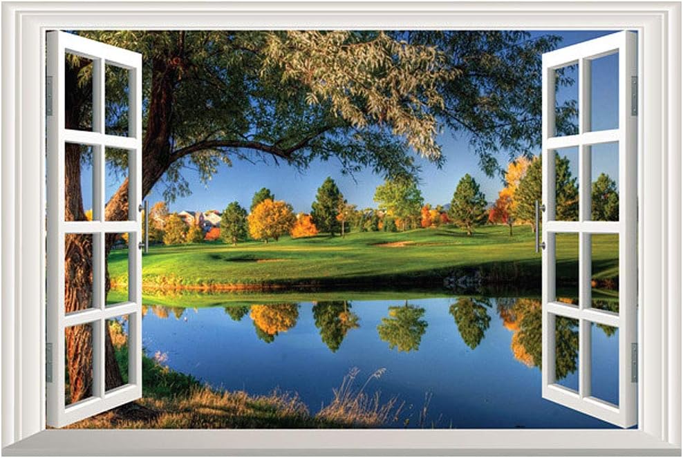 DNVEN Faux Window Wall Decals Peaceful Lake Big Trees Clean Rivers Nature Forests Scenery Stickers False Window Clings Murals 3D High Definition Vinyl Art Bedrooms Living Rooms 24 inches x 16 inches