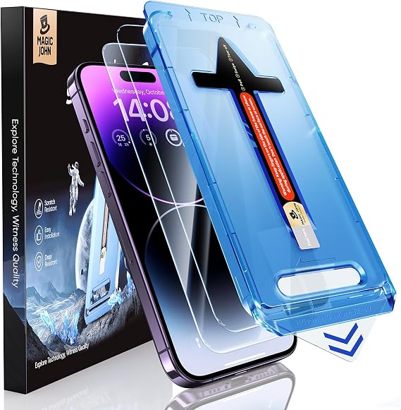 MAGIC JOHN 2 Pack for iPhone 14 Pro Max 6.7 inch Tempered Glass Screen Protector, Auto Dust-Elimination Installation, Bubble Free, Dynamic Island Compatible, HD Clear, Easy Installation