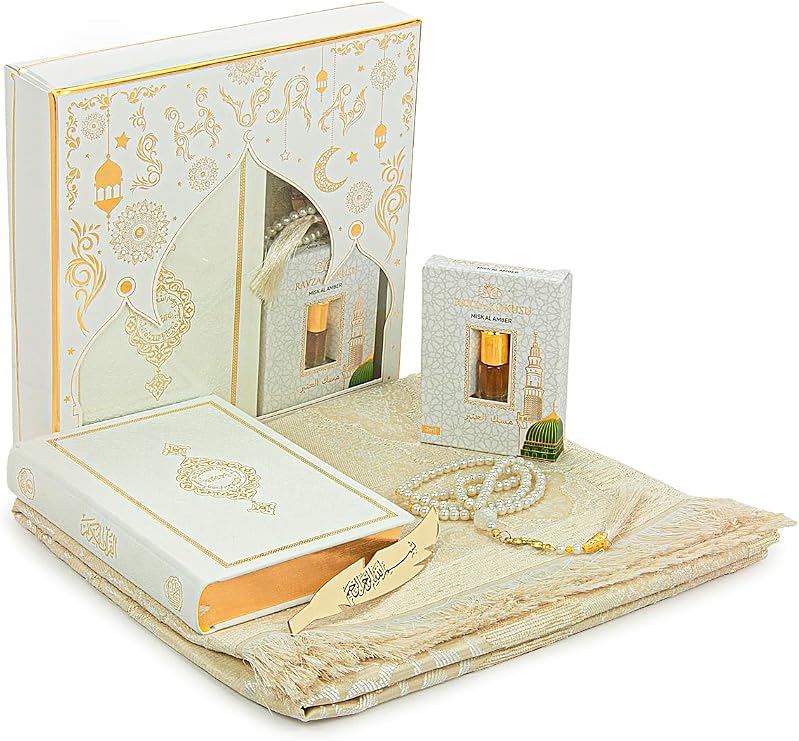 ihvan online Prayer Gift Set for Men & Women, Muslim Prayer Rug, Salah Mat, Beads Taasbih, Arabic Holy Quran, Islamic Gift Set for Ramadan & Eid, White