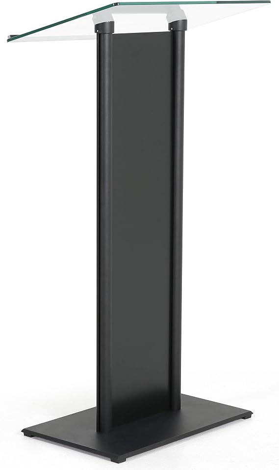 M&T Displays Tempered Clear Glass Conference Podium Stand with Aluminum Front Panel and Black Body and Base 43.9 Inch Height Floor Standing Lectern Pulpit Desk for Classroom Church