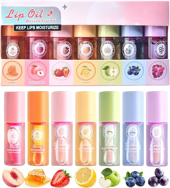 Lip Oil Set 7PCS Hydrating Magic Color-Changing, Long-Lasting Lip Gloss & Balm. Fruit-Flavored Lip Care Kit for Soft, Nourished Lips