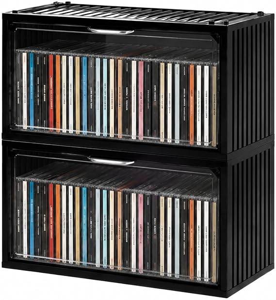 2 Pack CD Storage Boxes Black DVD Storage Boxes Organiser with Visible Flip Door, Stackable CD Holder Rack for DVDs, CDs, Video Games, Media Shelves Living Room and Study