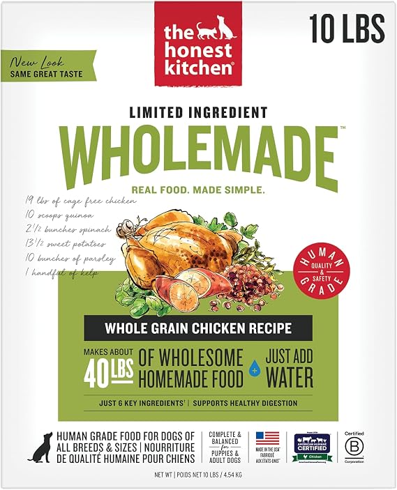 The Honest Kitchen Wholemade 6 Ingredient Whole Grain Chicken Recipe, Human Grade Dehydrated Dog Food, Allergy Friendly, Digestion Support, Topper for Dry or Wet Dog Food, 10 lb Box Makes 40 lbs