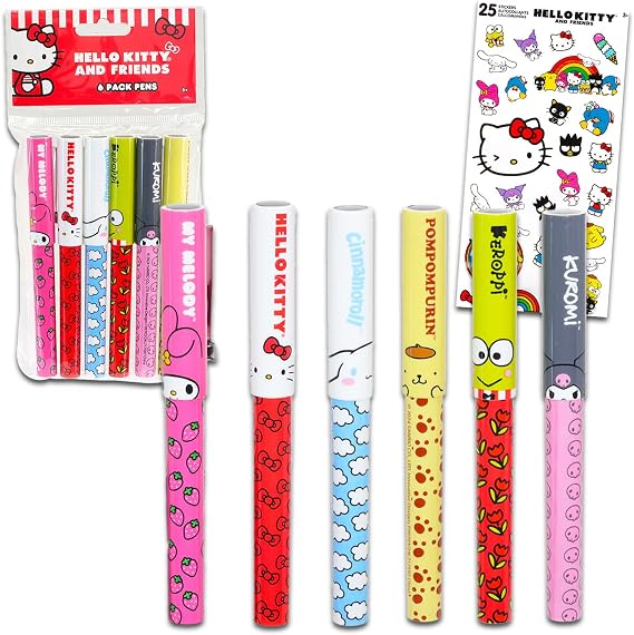 Hello Kitty Pens for Kids, Adults - 6 Pc Sanrio Ballpoint Pens Gift Bundle Featuring Hello Kitty, My Melody, Cinnamoroll, More Plus Stickers | Sanrio School Supplies Set