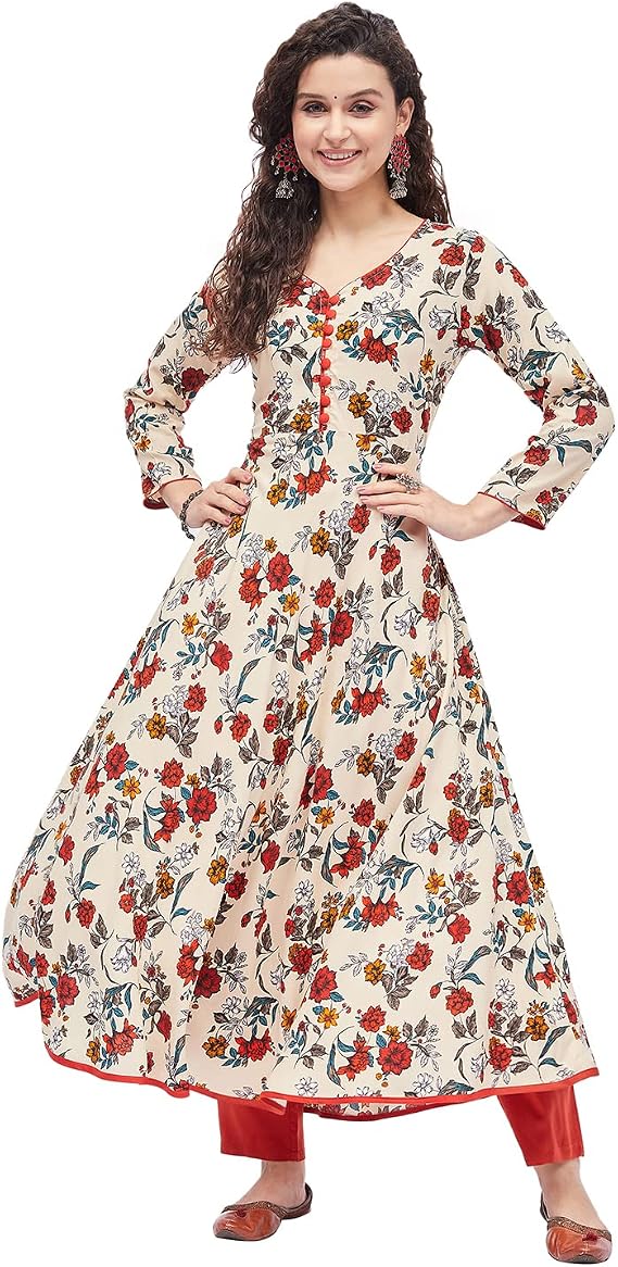 Tissu Women's Rayon Beige & Orange Floral Printed A-Line Kurta