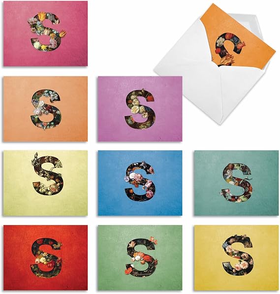 Best Card Co 10 Mini Blank Assorted Notecards Initial S M3844OCB-B1x10