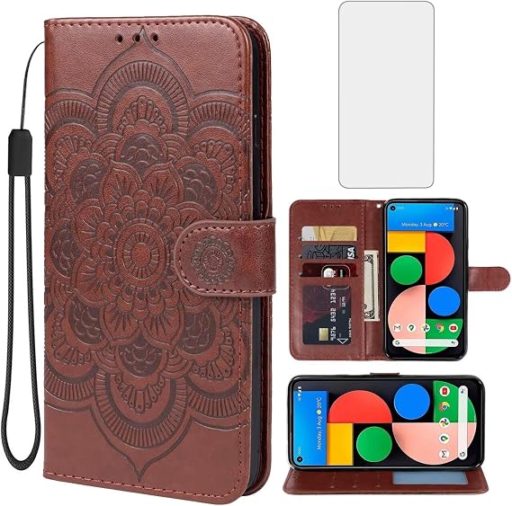 for Pixel 5 Case, Google 5 GD1YQ GTT9Q Wallet Case with Tempered Glass Screen Protector, Mandala PU Leather Wrist Strap Card Slots Protective Flip Cover for Google Pixel 5 Brown