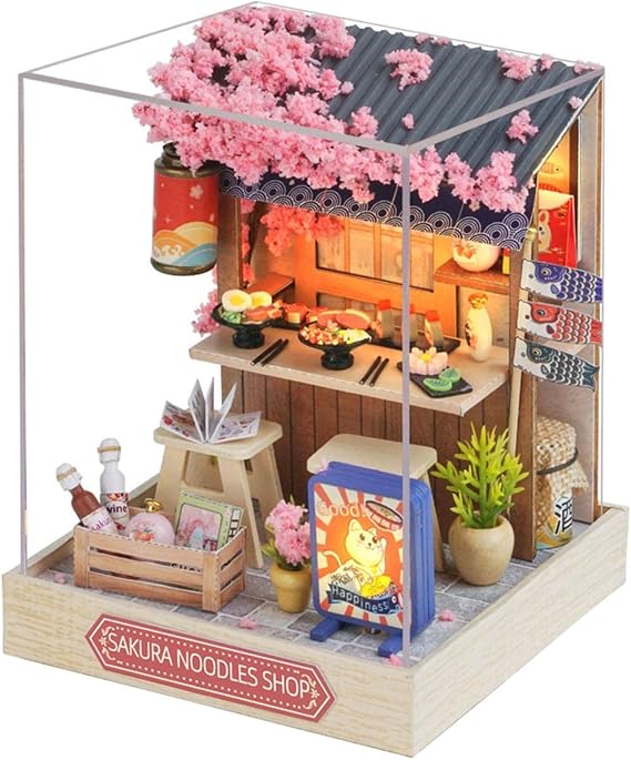 Miniature Dolls House Kits Mini Handmade House Model DIY Crafts Tiny Building Kits Decorations Wood Doll House Model for Birthday Gift Kids, Noodles house