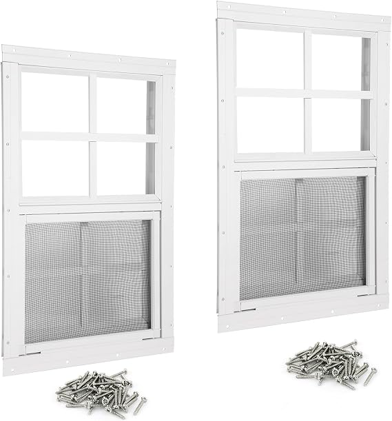 Shed Windows 2 Pack 18" W x 24" H Flush Mount White Window with Tempered Glass and Fiberglass Screen,Sliding Windows with Vertical Slider and Screws for Sheds,Chicken Coop, Playhouse Garbage Room etc