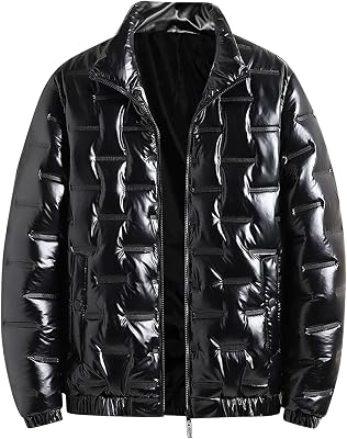 Mens Shiny Winter Jacket Heavyweight Puffer Jacket Casual Coat for Men Windproof Packable Stand Collar Down Jacket