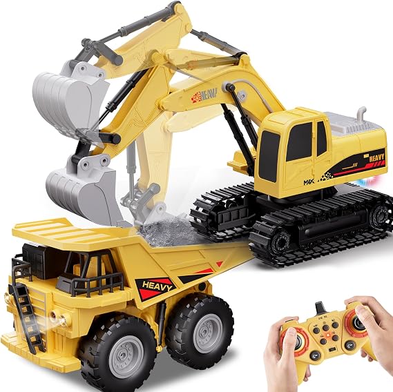 Remote Control digger + Dumper Truck Toy Set, remote control Excavator & Dump. Suitable for children ages 3, 4, 5, 6, 7, and 8.