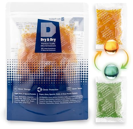 Dry & Dry 10 Gram [60 Packets] Orange Indicating Silica Gel Packets Desiccant Silica Gel - Rechargeable Silica Packets, Silica Gel Packs