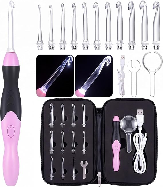 Chuangdi Light up Crochet Hooks Set, 11 Size Rechargeable, Pink-Black