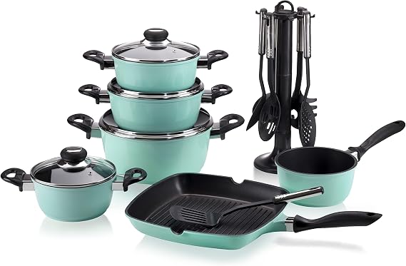 Krüger Cast Aluminium Set 17 Pieces - Non-Stick Sealed Pot and Pan Set with Kitchen Utensil - High Heat Resistance and Long-Lasting Heat Retention (Mint)