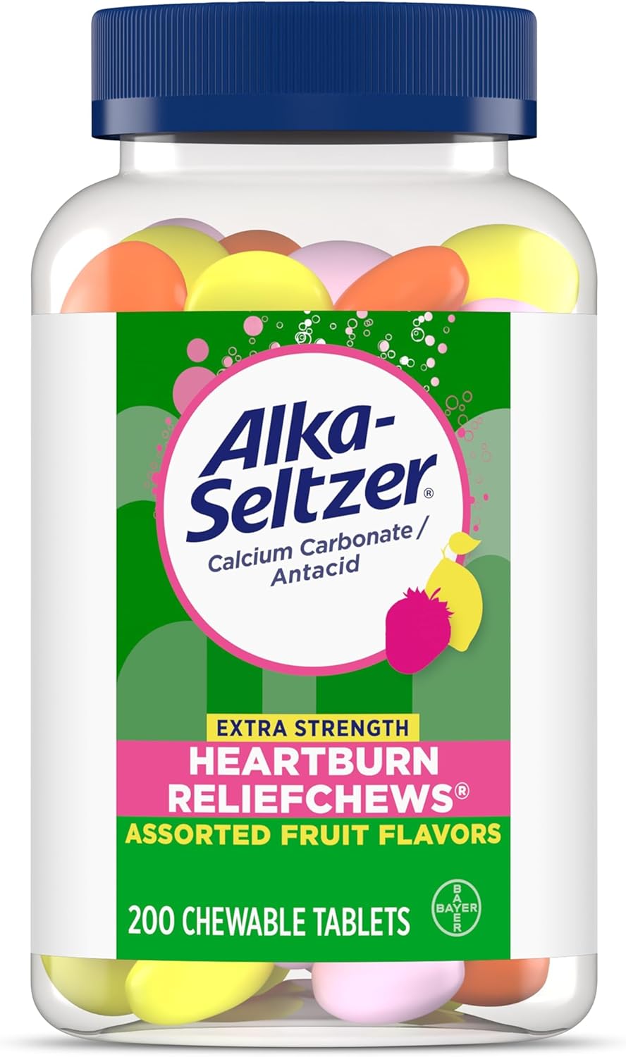Alka-Seltzer Extra Strength Heartburn Relief Chews, Assorted Fruit Antacid Tablets for Acid Indigestion, Upset and Sour Stomach, 200 Count Pack of 1 - Packaging May Vary