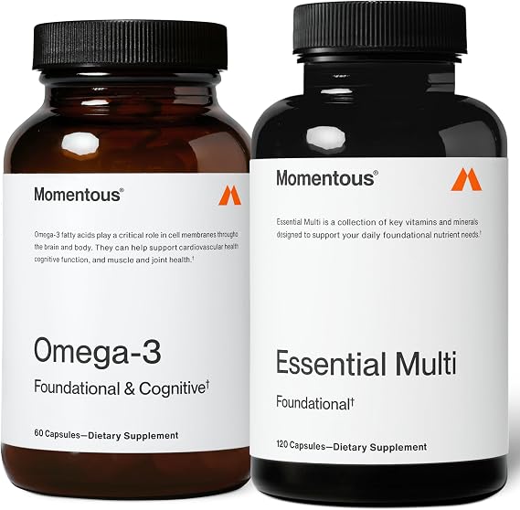 Momentous Omega-3 + Multi Stack - Daily 1600mg Fish Oil Supplement & Complete Essential Vitamin & Mineral Complex to Support Joint Health, EPA & DHA - NSF Certified, Gluten & GMO-Free (30 Servings)
