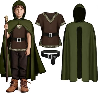 G.C Kids Renaissance Shirt Cloak Costume Belt Boys Medieval Costume Accessories Outfit Knight Hooded Cape Halloween Cosplay
