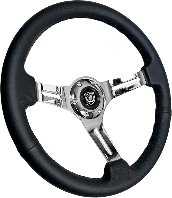 VSW S6 Steering Wheel, Black Leather 6 Bolt Chrome Slotted 3-Spoke ST3012BLK