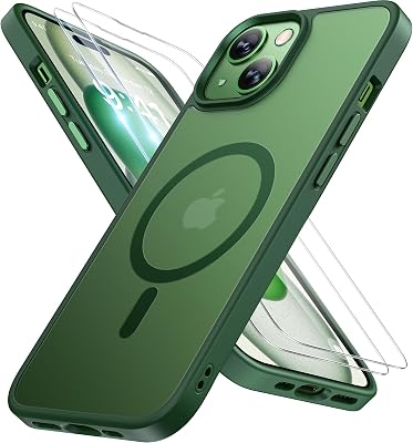 Miracase Magnetic for iPhone 15 Plus Case 6.7 inch Compatible with MagSafe（with 2X Screen Protectors） Military-Grade Protection, Anti-Fingerprint Translucent Matte Phone Cover, Dark Green