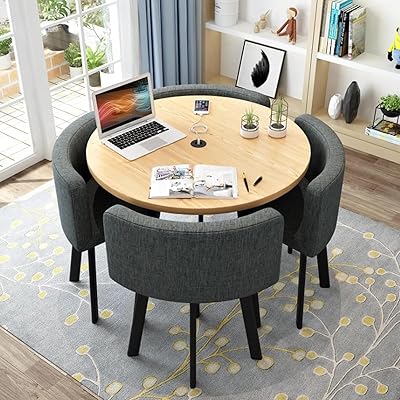 Round Dining Table Set with 4 Chair, Small Office Conference Room Tables and Chairs,Modern Leisur Dining Room Furniture for Kitchen Lounge Living Room80cm31.5, Dark Gray