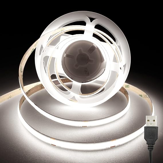 TTWAY USB COB LED Strips 2M, 8mm Width 5V Cool White 6000K LED Tape Light [Energy Class F]